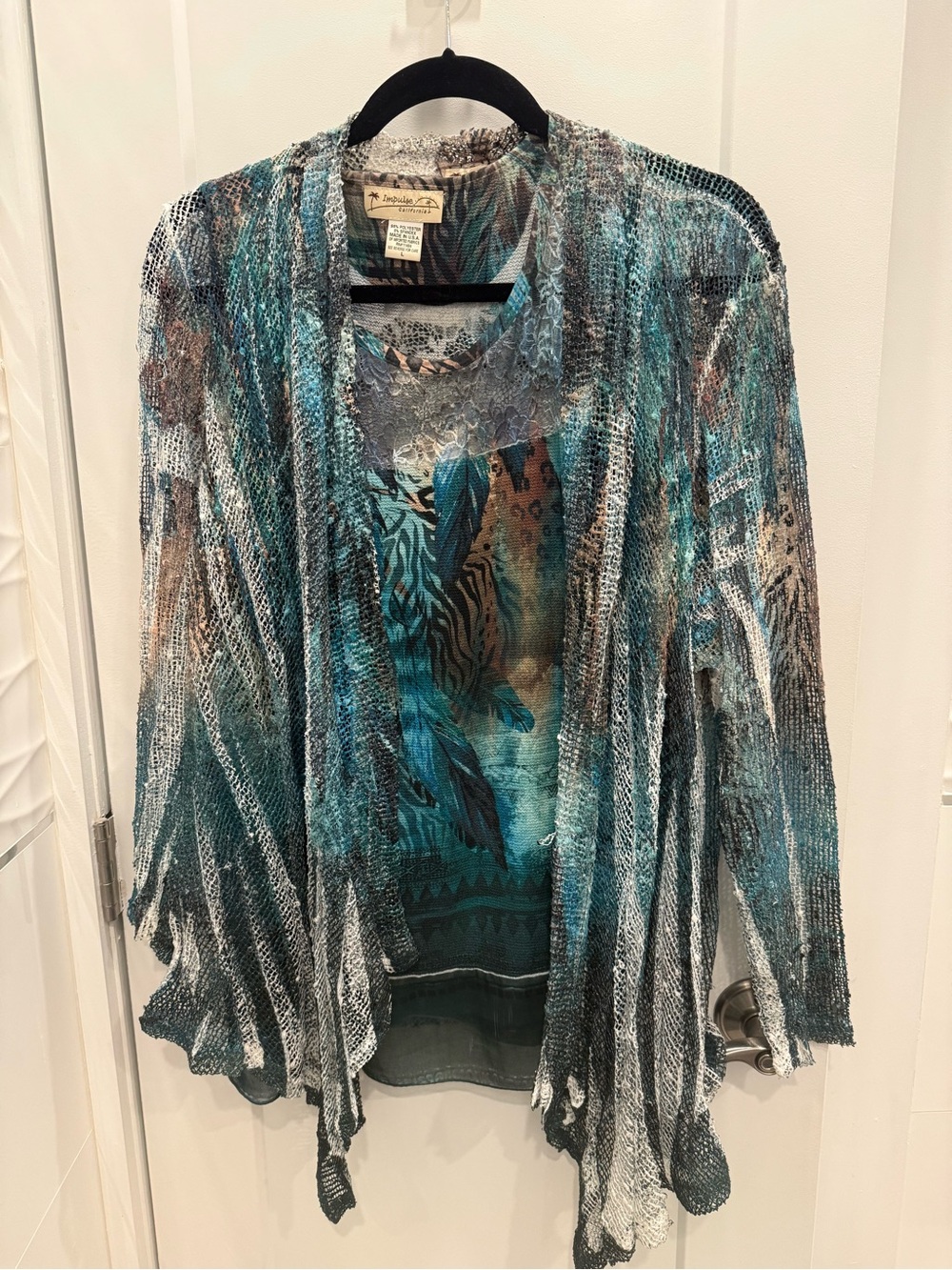 Open-Weave Teal & Gray Draped Women's Cardigan 2 piece set with matching tank